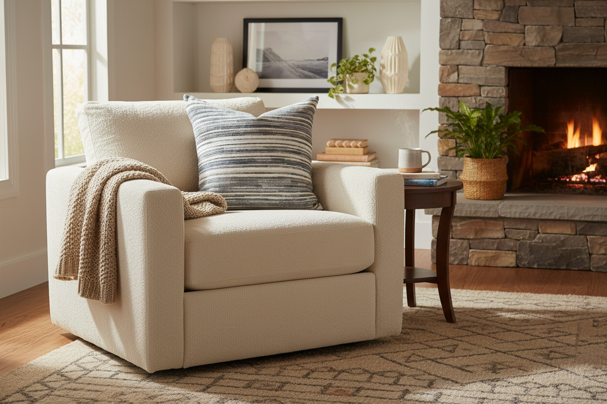 Cozy armchair with striped pillow