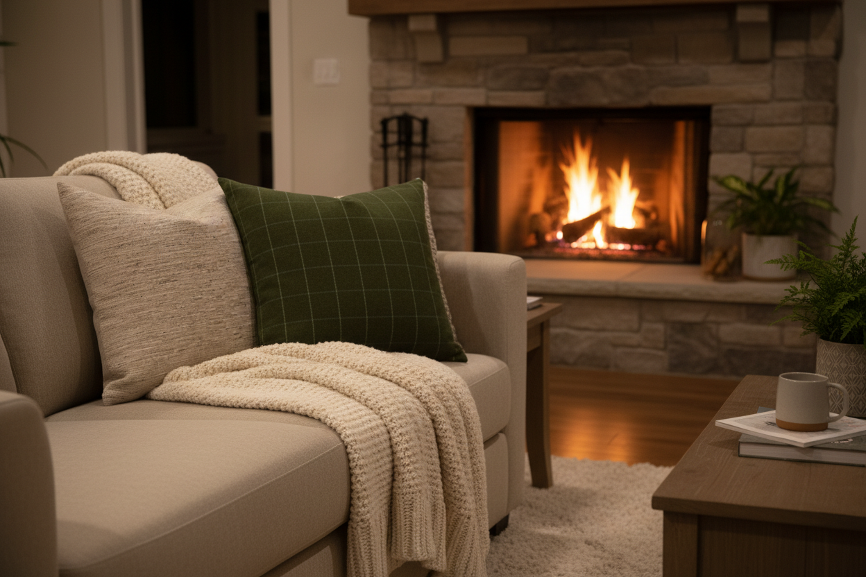 Cozy winter living room with fireplace