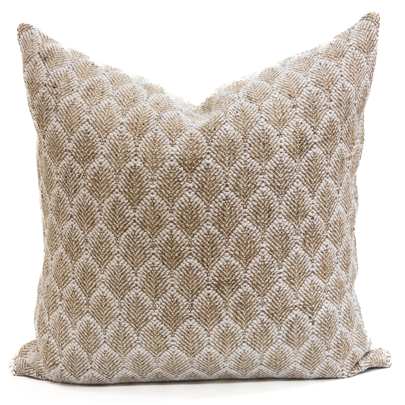 Textured throw pillow with golden leaf-chevron pattern on ivory base. Cozy decorative pillow for fall or neutral styling.