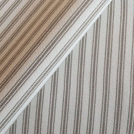 Close-up of Fallon Stripe Ticking Fabric in sand color with horizontal beige and ivory stripes